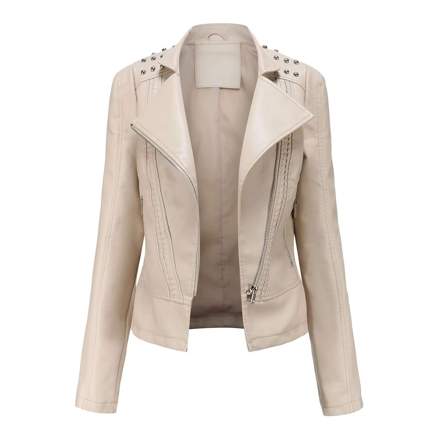 Spring Autumn PU Leather Jacket Women Street Rivet Slim Fit Thin Zipper Ladies Motorcycle Jacket