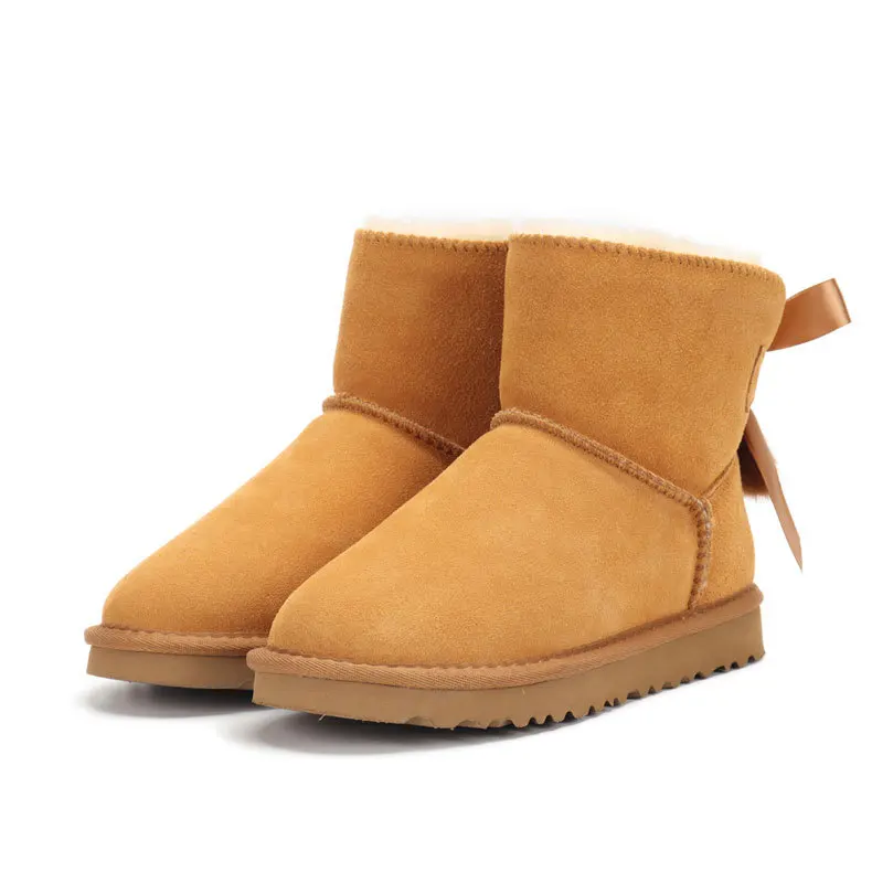 Wholesale designer ladies shoes fashion cute winter fur warm bow brand midi snow boots for women