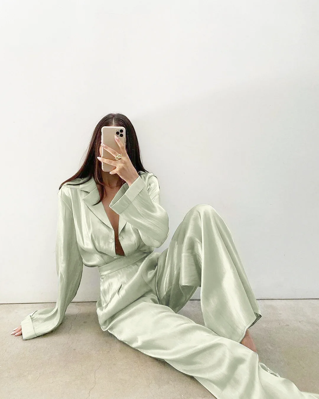 Women New autumn and winter luxury pajamas Green two piece home suit satin pajamas