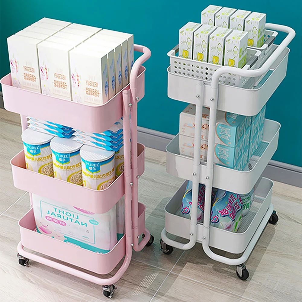 GRS Plastic 3 Tier Metal Storage Trolley Organizer Hair Salon Trolley Cart Vegetable Basket Storage Trolley Kitchen Rack