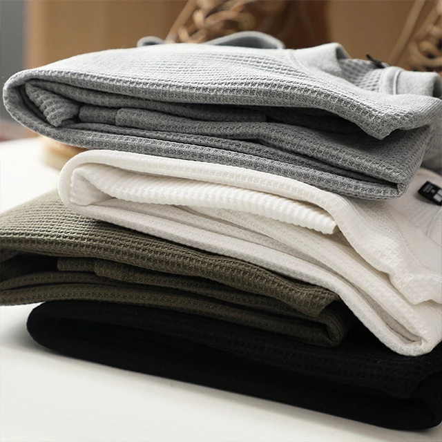 100% organic cotton blank knit waffle long sleeve t shirt