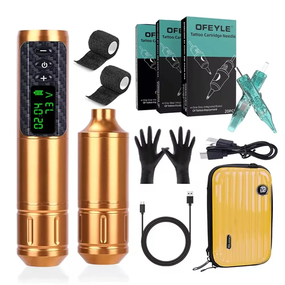 Complete Tattoo Pen Kit with Wireless Battery including Tattoo Cartridge Needles Gloves Non-slip Band