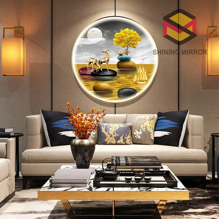 Customized Decorative 3d 5d   Art Pictures aluminum frame large round wall hanging with led light painting for sale