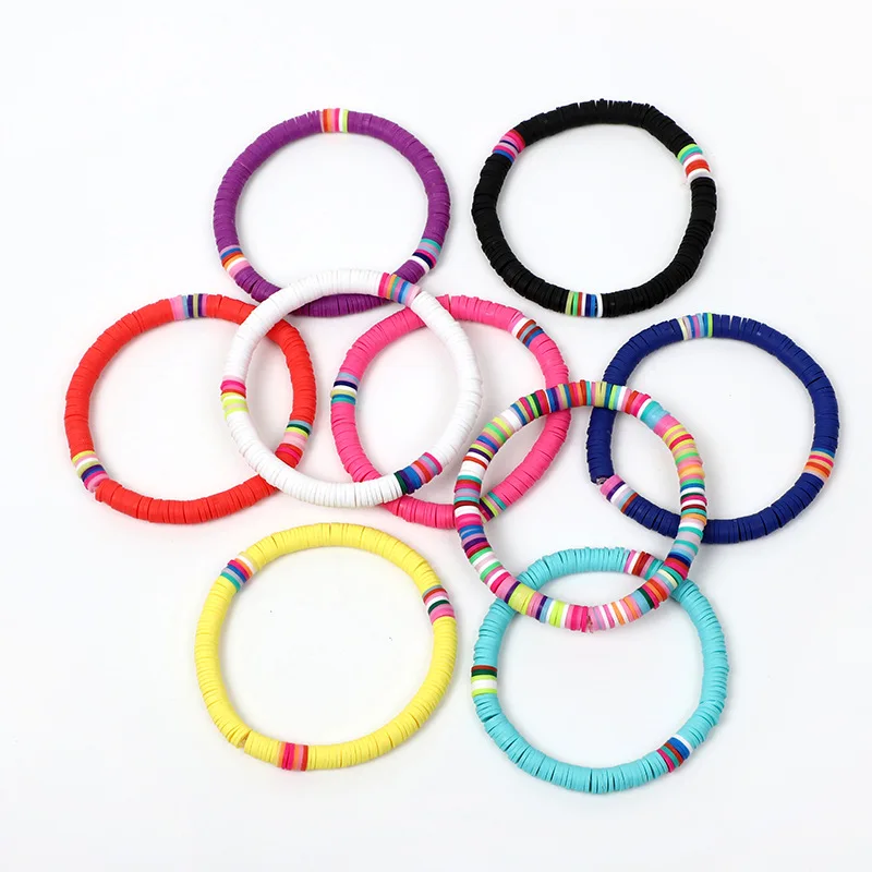 Colorful Polymer Clay Heishi Bracelet Set Stackable Rainbow Vinyl Disc Bead Surfer Beach Children Stretch Bracelet