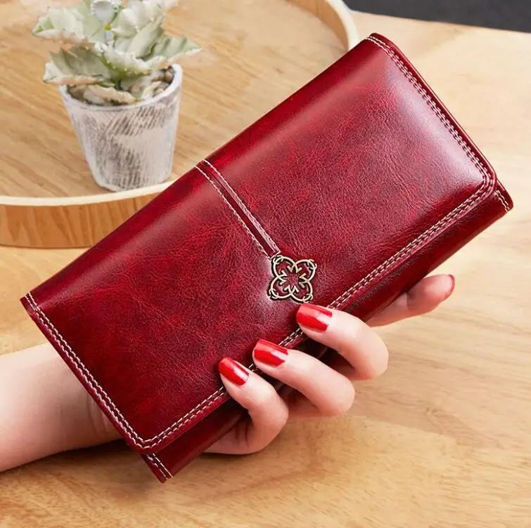 2024 High quality ladies long purse wallet with phone vintage wax oil leather women wallets