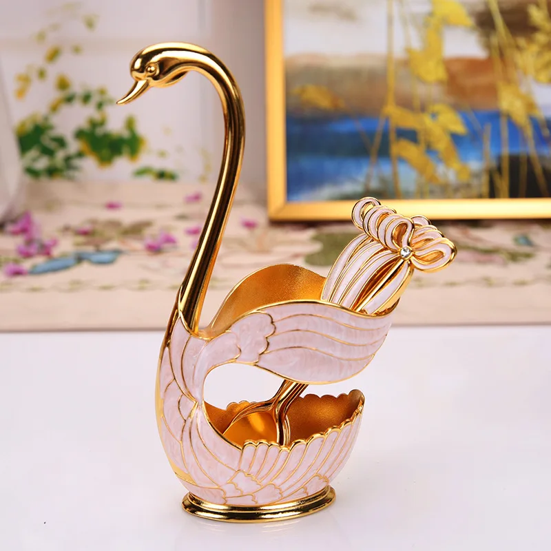 New Arrival Zinc Alloy Swan Base Fruit Forks Spoon Holder Set Salad Dessert Forks Coffee Spoon Stand Set