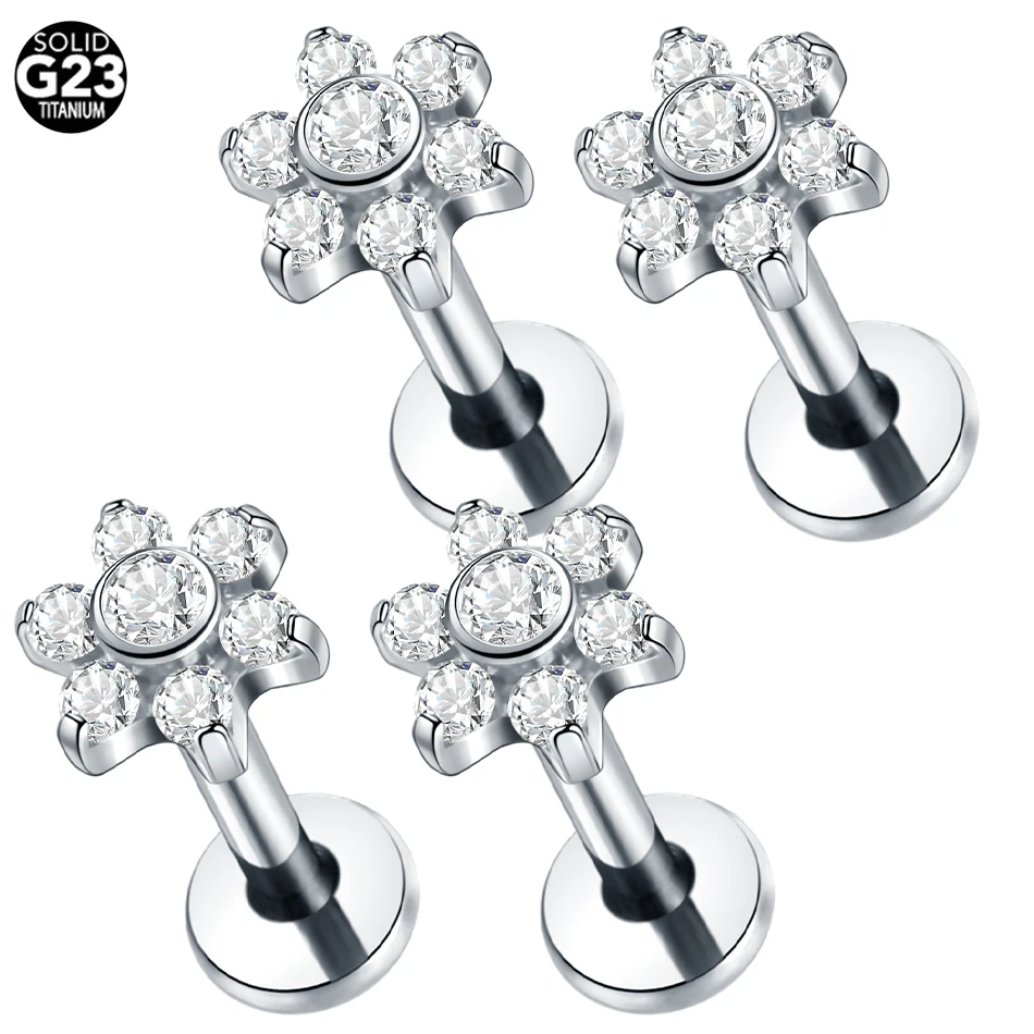 ASTM F136 Titanium 16G Internally Threaded Flower Zircon Labret Piercing Ear Stud Tragus Body Piercing Jewelry