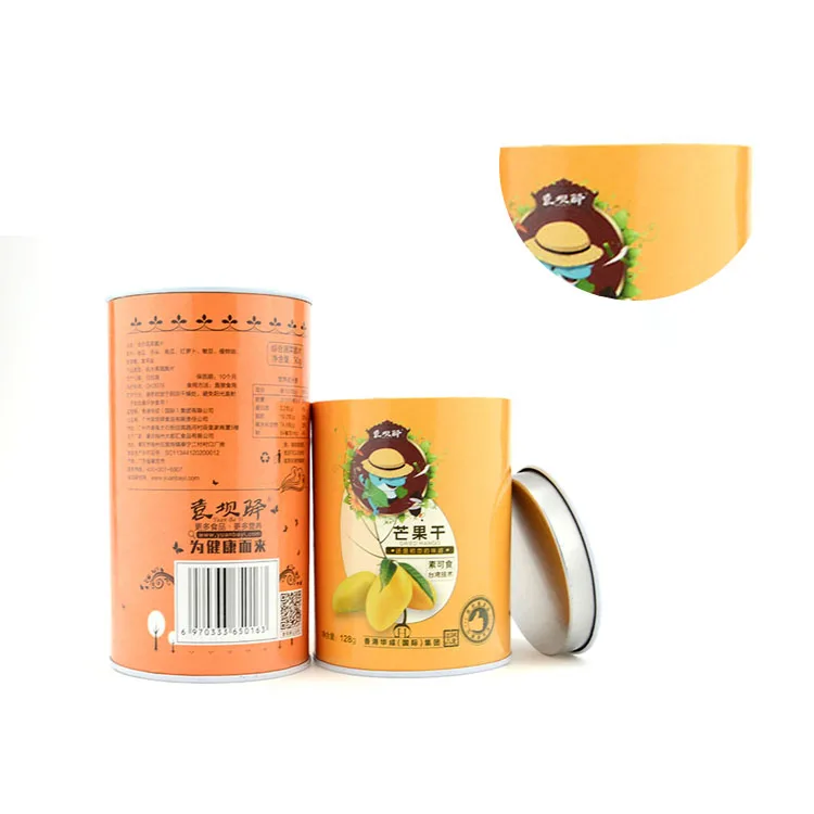 Wholesale custom logo 128g recycled dried fruit packaging tube can food packaging paper with foil inside tube with metal lid