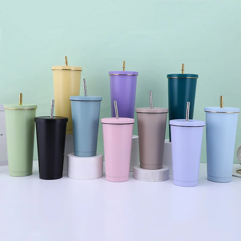 Nordic 500ml 750ml doubale wall insulated custom stainless steel customized cafe tea coffee mug cups with logo straws