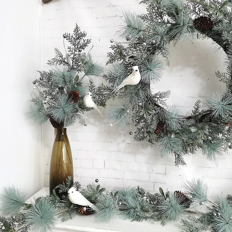 Christmas plastic blue glitter pine needle pick long stem with artificial white feather bird Christmas picks