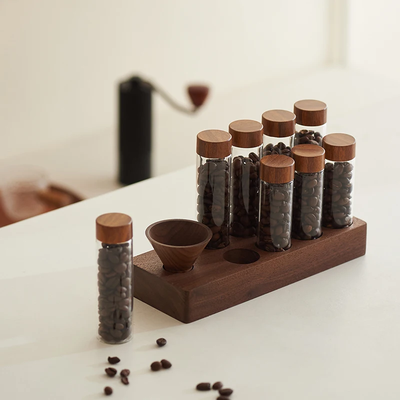 SIYUE 6 tubes 18g coffee bean with Wooden funnel  Glass Cork Spices Holder Jar Rack Coffee Pod Holder Storage Tubes 2341