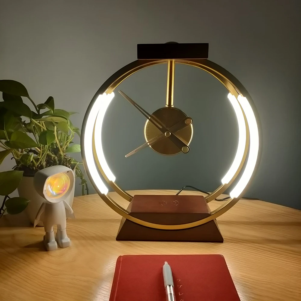 Aluminum clock lamp dimmable with phone holder wireless phone charging metal ball base modern table lamp with wooden base