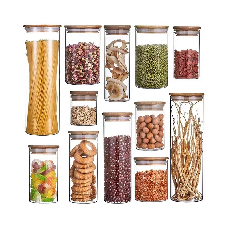 Wholesale Airtight Food Storage Jars Kitchen Spice Glass Containers with Bamboo Lid Sealed Glass Canisters for Spaghetti