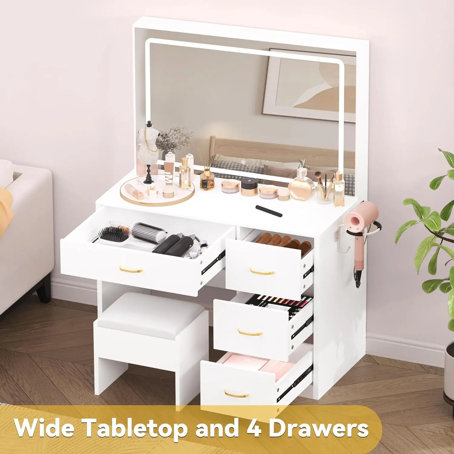 Large size Lighted Mirror  Makeup Vanity Desk with LED Strip 3 Color Lighting Modes with Adjustable Brightness 4 Drawers