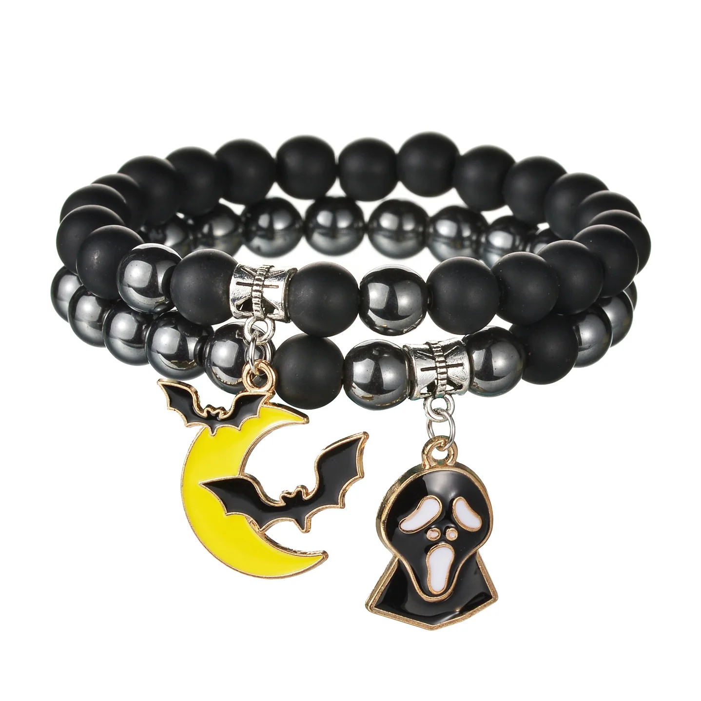 2pcs set 8mm Matte Stretch Bead Black Obsidian Bracelet Stackable Ghost Pumpkin Halloween Charm Bracelet