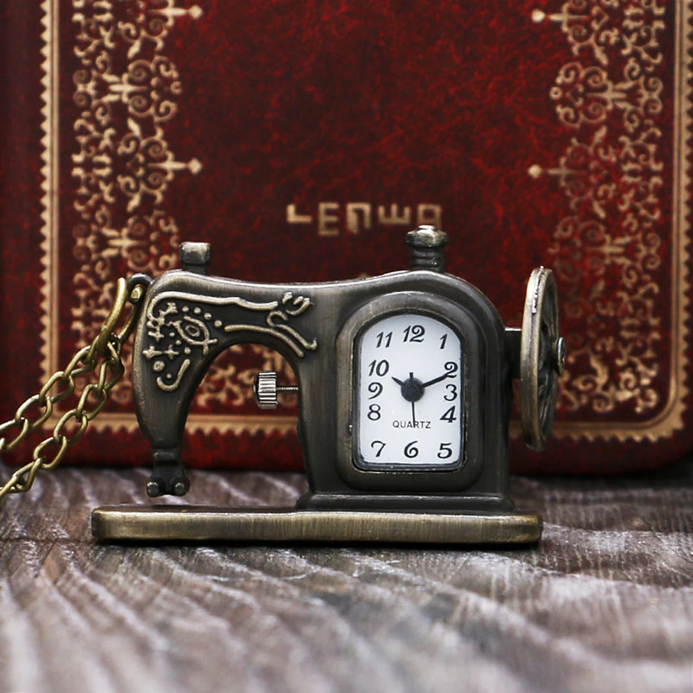 Collectible Accessories Sewing Machine Shaped Mini Clock Pendant Vintage Quartz Pocket Watch with Necklace Chain