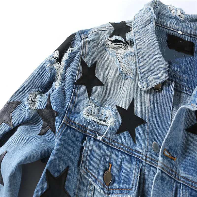 2022 Custom Design Jean Jacket men Pattern Printed Pentagram denim jacket broken hole print gradient washed jacket for man