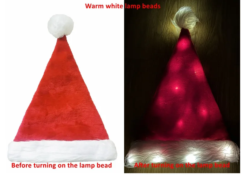LED Light Up Xmas New Year Christmas Hat Festive Holiday Party Supplies Unisex Velvet Santa Hat for Adult Kids