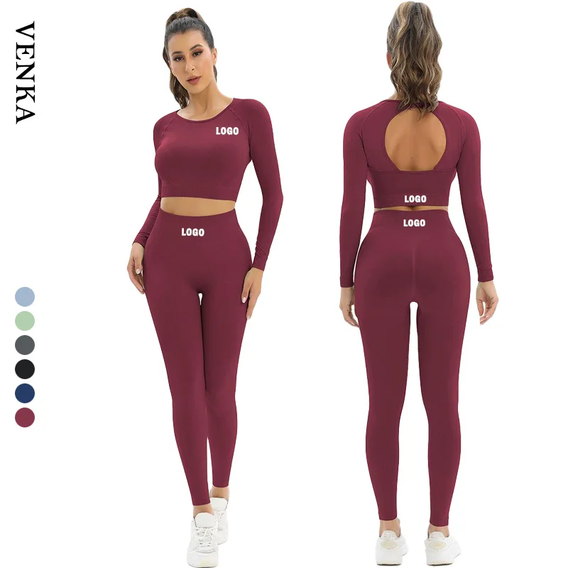 Custom Logo Women Yoga Set Seamless Knitting Backless High Elastic Peach Hip Lifting High Waist Long Sleeve Leggings Yoga Set