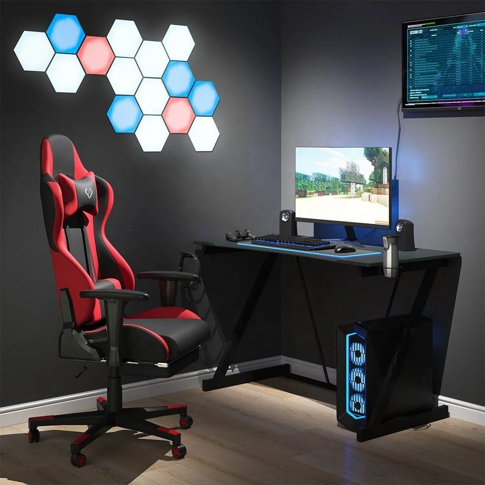 Gaming Desk PC Computer Desk Home Office Desk Gaming Table Z Shaped Gamer Workstation With Cup Holder And Headphone Hook