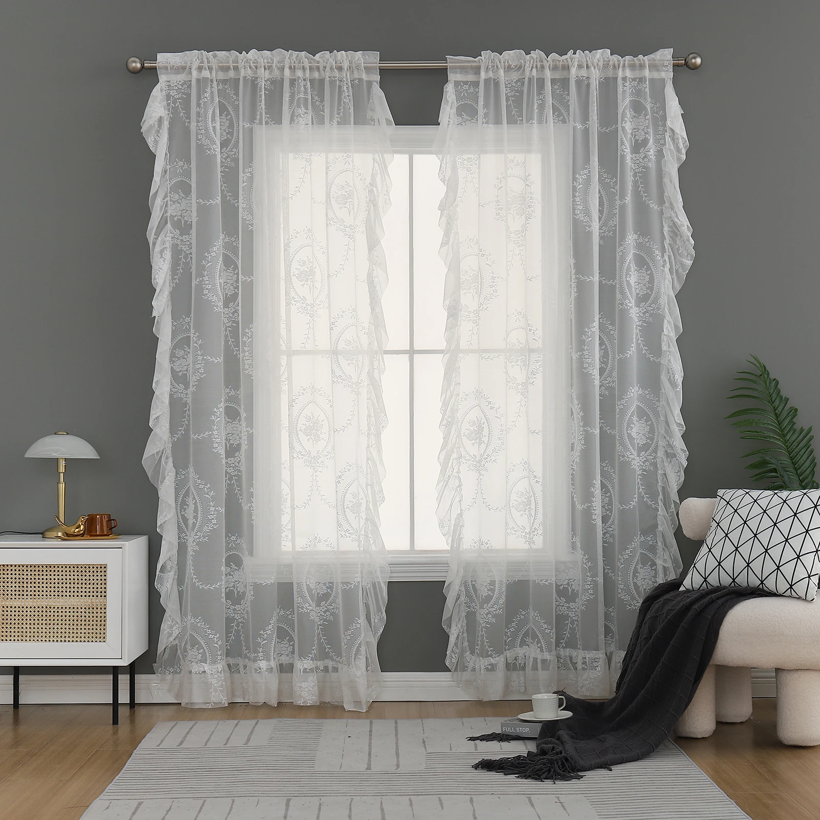 Hot sale Luxury European Style White trimming macrame Lace Curtain In Rolls Lotus Leaf Knitted Princess Wind Girl Gauze Curtain