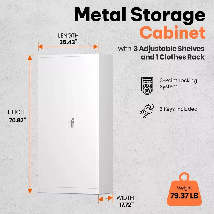 Large Metal Wardrobe Style Storage Cabinet with 3 Adjustable Shelves Cloth Rail Lockable Doors for Home Organization