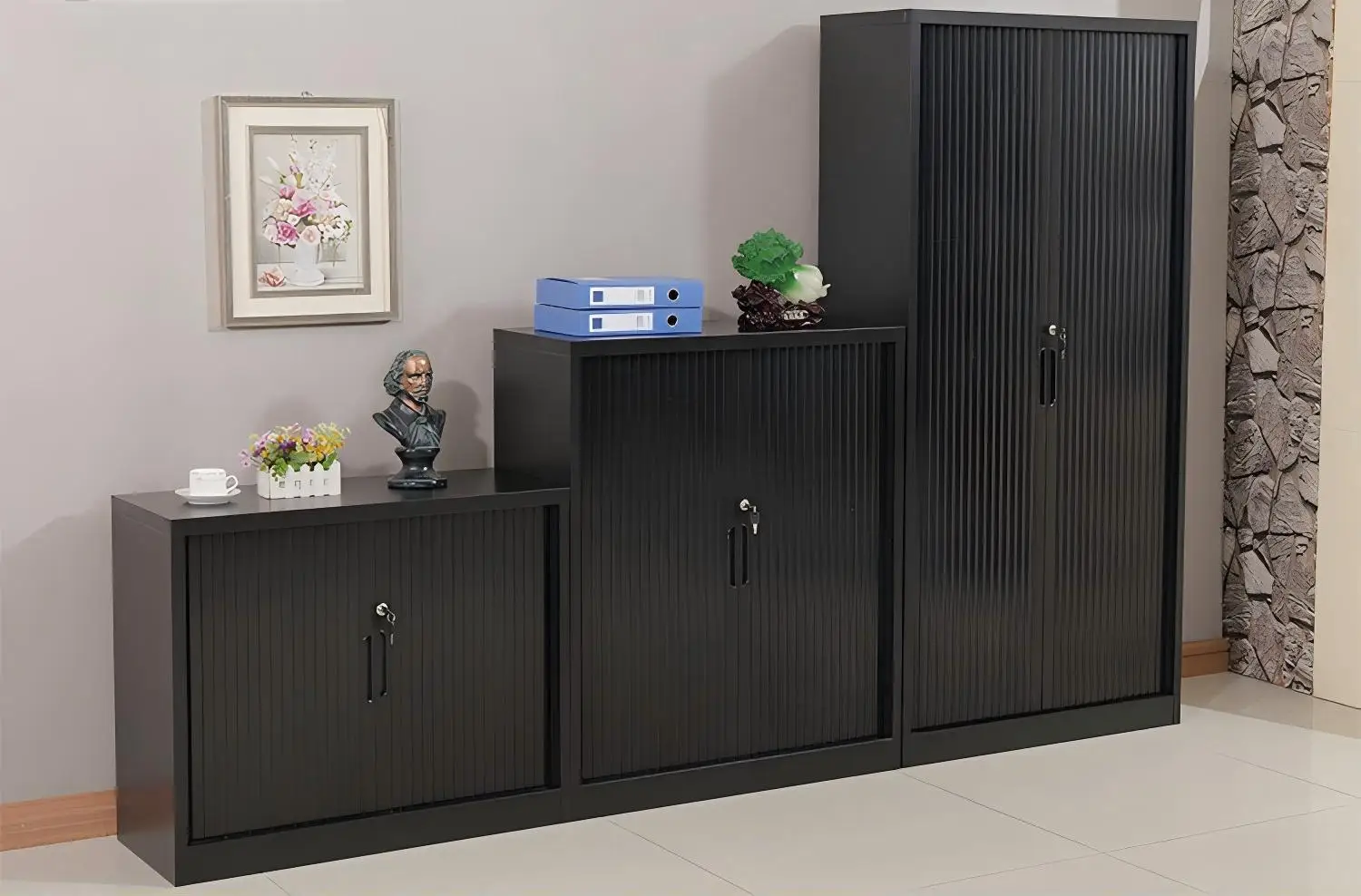 Shelf Cupboard Luxury Metal File Storage Cabinet Roller Tambour Door Shutter Steel Use for Apartments Modern for Home Key Lock