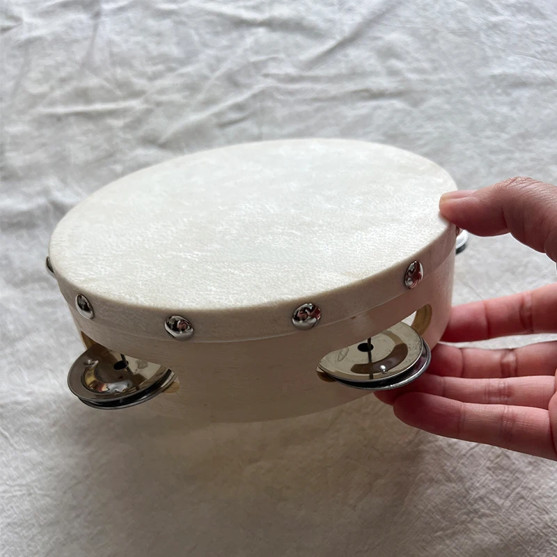 Custom 6-inch Tambourine Kids Handbell Hand Drum with Double Row Jingles Percussion Wooden Instrument