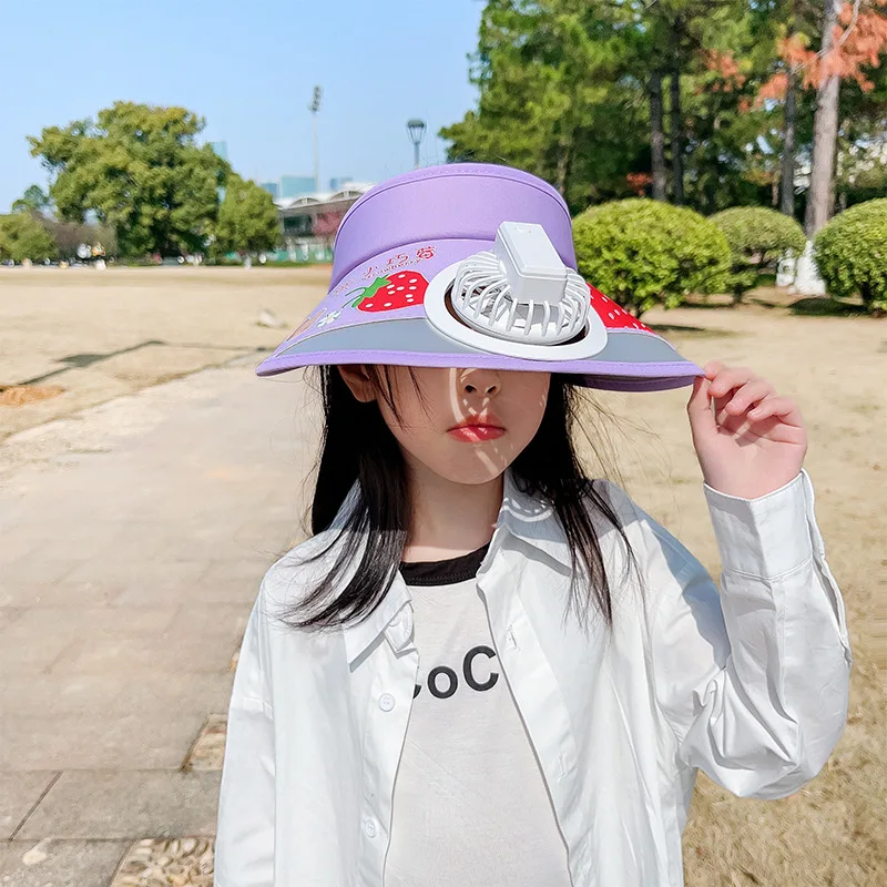 FF1096 Cartoon USB Chargeable Fan Cap UV Protection Wide Brim Visor Cap Women Men Kids Sun Visors Hat