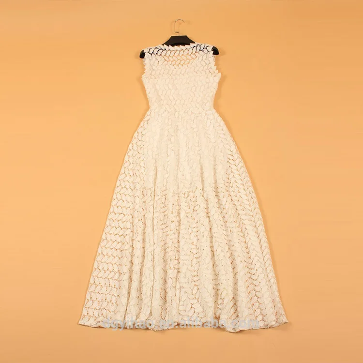 Yihao New Fashion Runway Ladies Elegant High Quality Leaves Hollow Out Lace A-line Long Dress