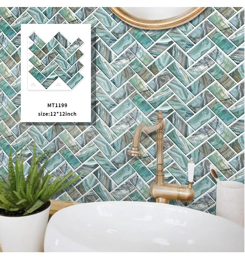 JORUNNS Herringbone Vinyl Wall Tile Green Peel and Stick Wall Tiles Stick on Backsplash for Kitchen Bathroom