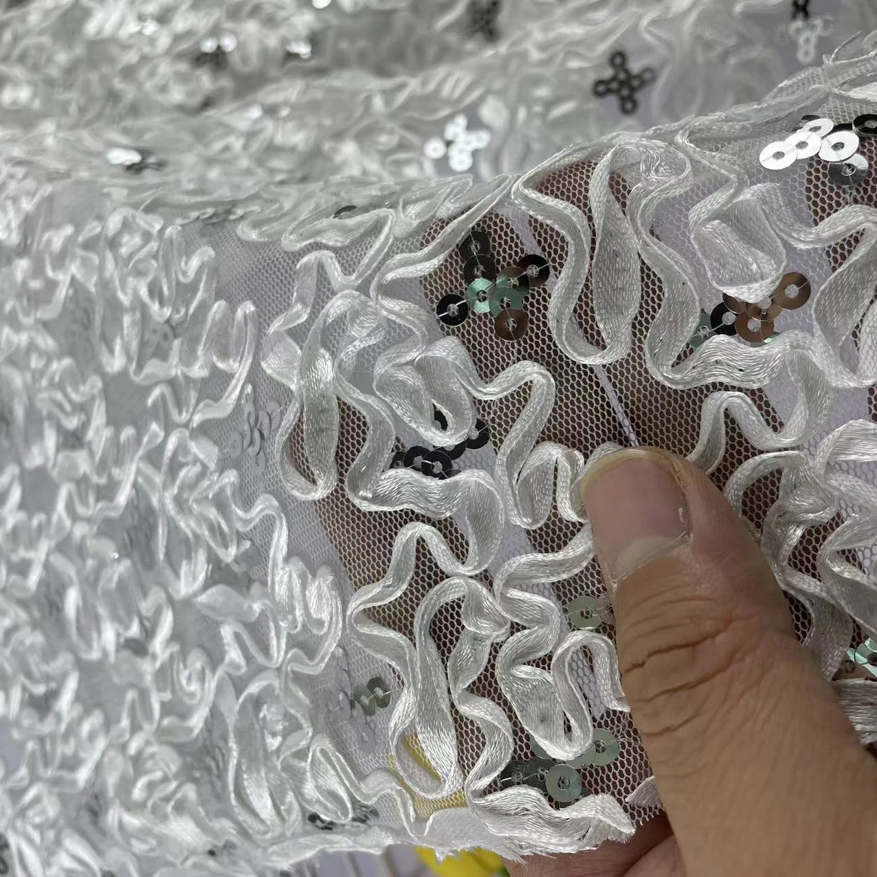 2023 New Lace Mesh White Sequins Embroider Dance Wear Costume Wedding 130 Width Fashion Design American