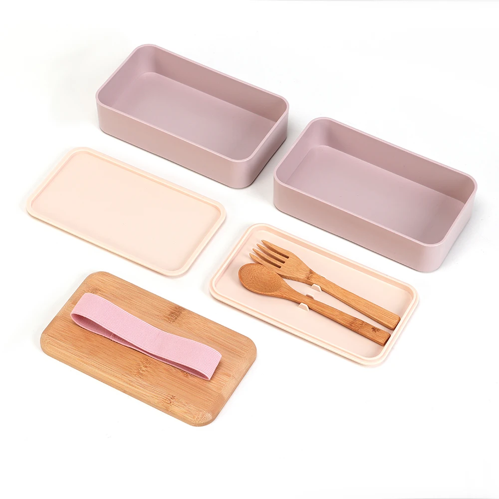 Double Layer Wheat Straw Bento Lunch Box With Bamboo Lid