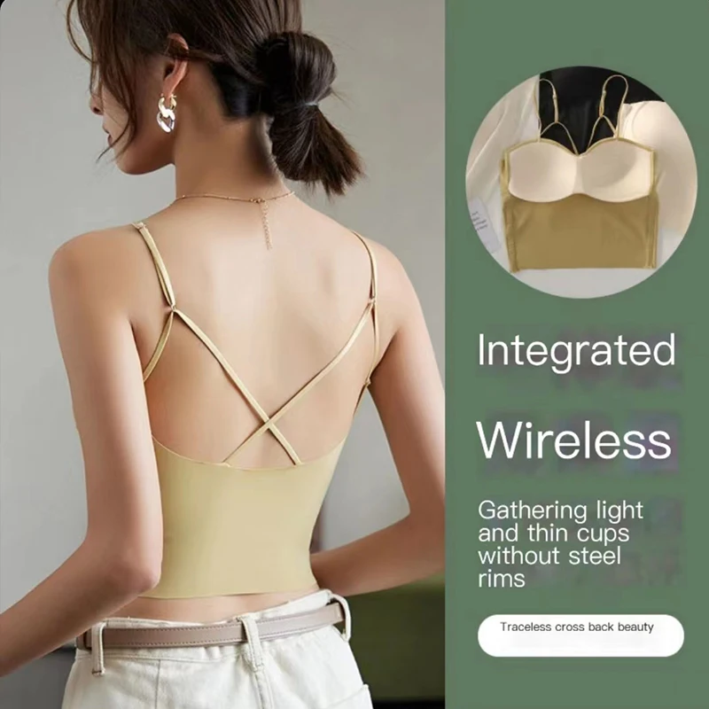 New Ice Silk Scarless Nude Feel Adjustable Sling Strap Cross Beauty Back Fixed One piece Cup Wrapping Chest
