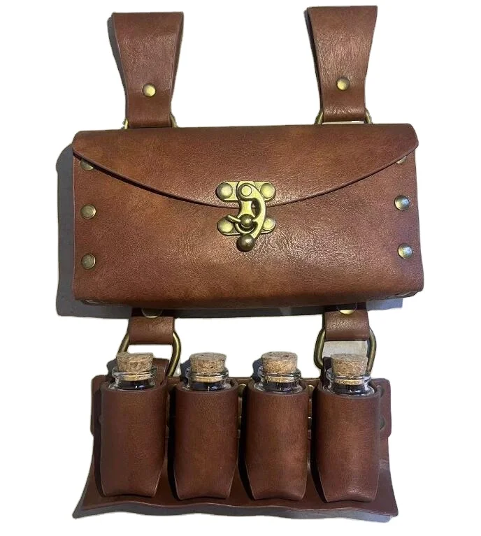 ecowalson  Medieval Retro Waist Pouch Medieval Alchemy Belt Bag 4 Cork Potion Vials Fantasy Wizard Waist Pouch Side Pack