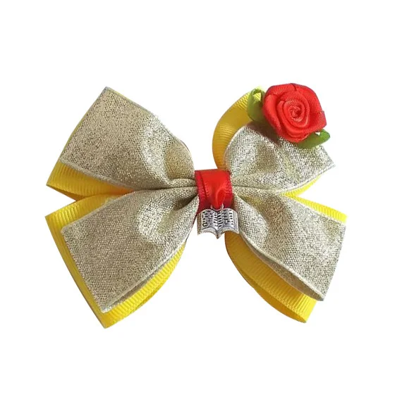 Princess Inspired Hair Bow clip yellow red Over the top  feather bow girl headbands customs hair accessories for toddle and girl
