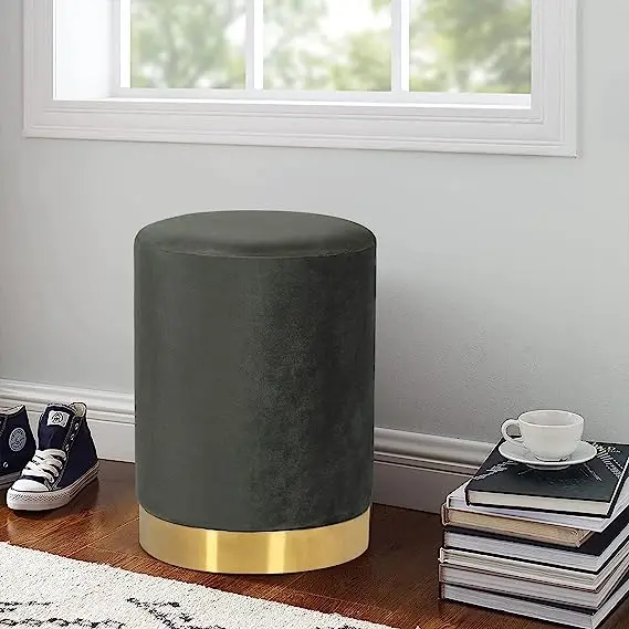 Modern Living Room Round Leather Upholstered Vanity Makeup Stool Gold Ottoman Foot Stool with Metal Legs