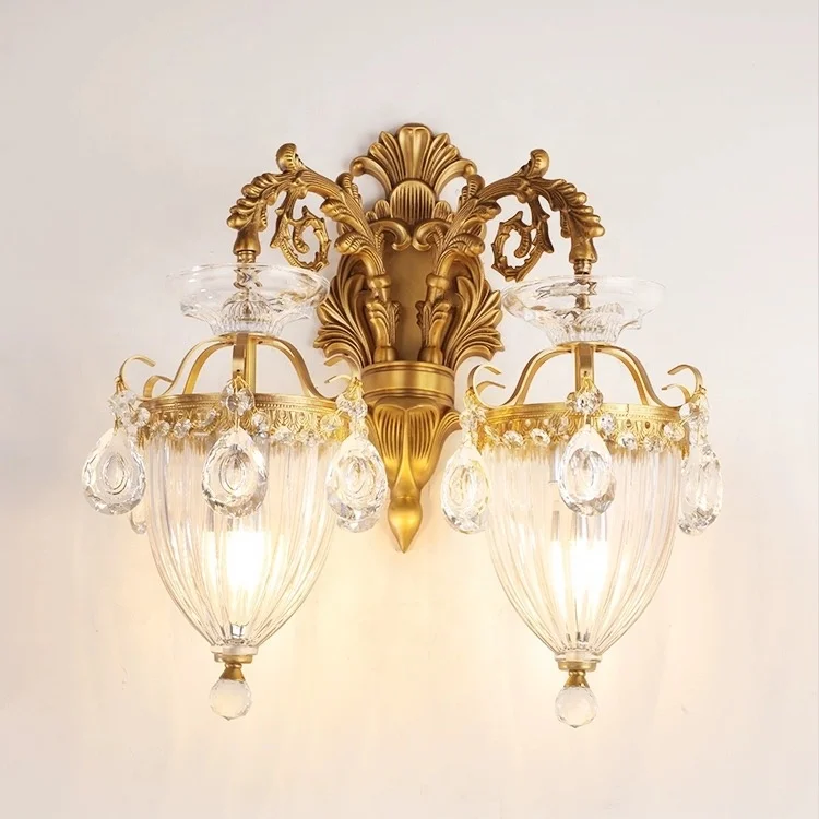 E14 Gold Victorian 2-Light Wall Lamp Vintage Crystal Glass Decorative Fancy Luxury Indoor Wall Light Bedside Crystal Light Decor