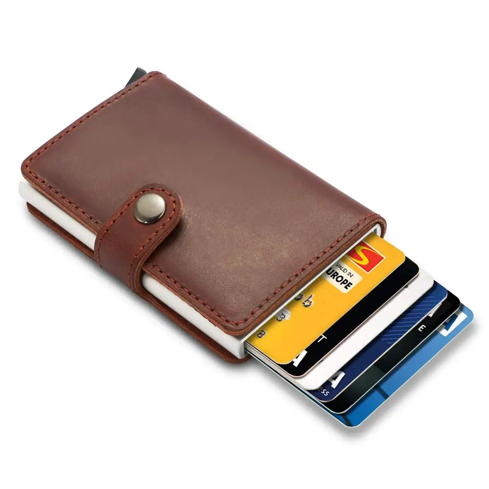 Factory OEM Custom Logo PU Leather Pocket Wallet RFID Blocking Aluminum Box Case Credit Card Holder Wallet for Men Women