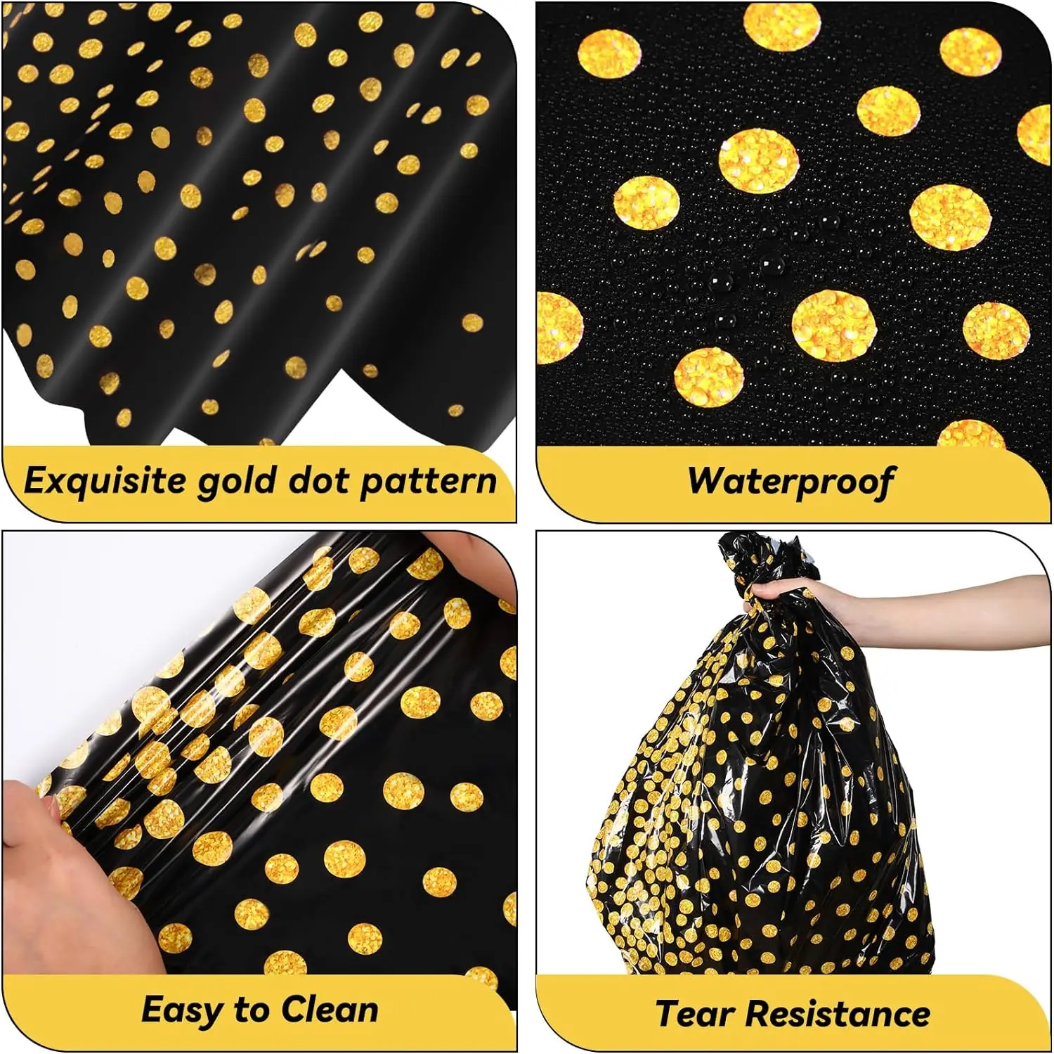 Plastic Tablecloth Waterproof Round Table Cover Gold Polka Dots Disposable for Outdoor Modern Table Decoration Printed Knitted