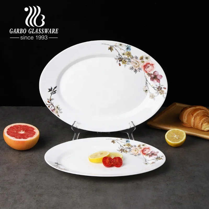 Opal glass 12inch 14inch oval shape glass plate oven microwave safe flower decal opal glassware fish plate for home restaurant