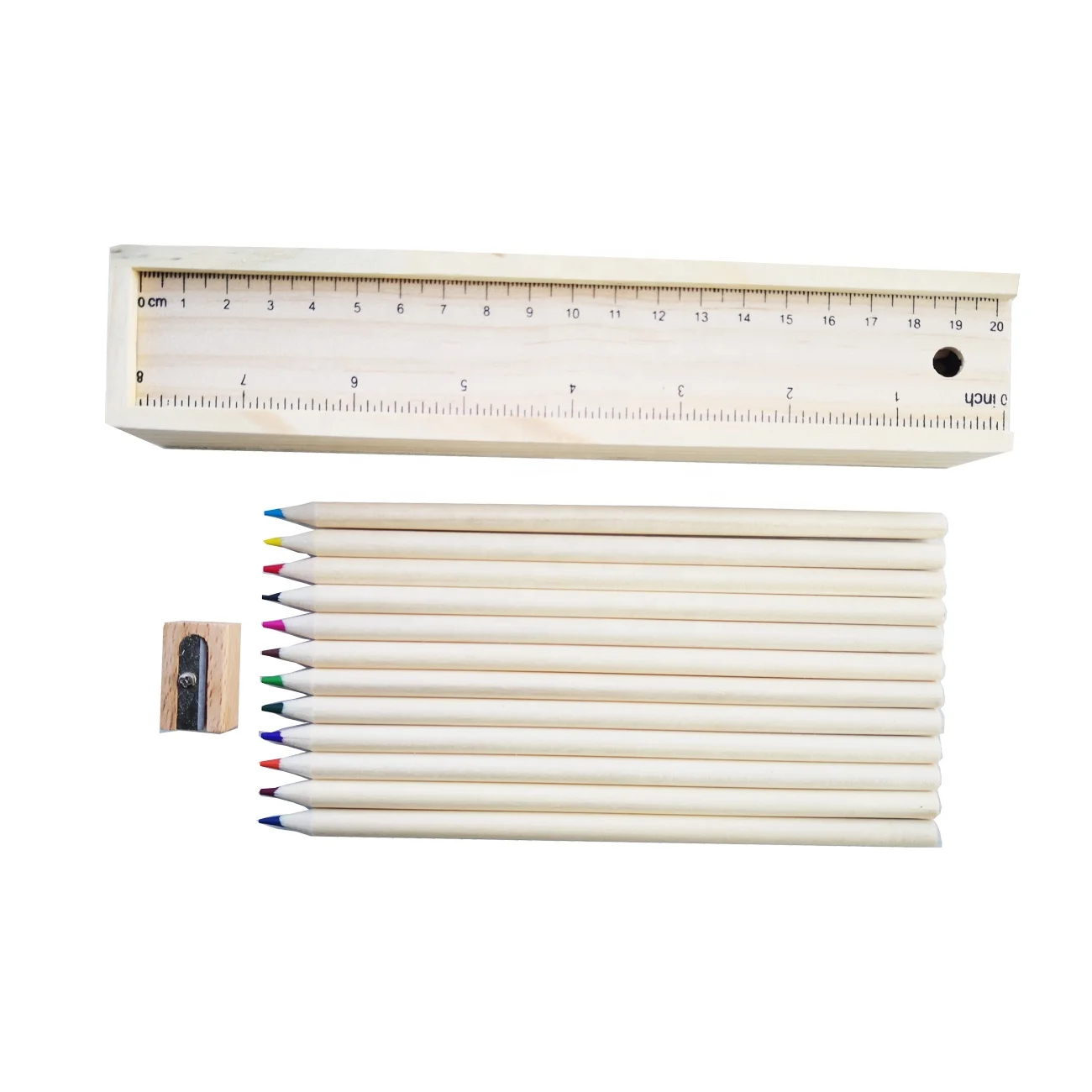 Wholesale 12 Natural Coating Wooden Color Pencil with Wooden Box, Sharpener and Ruler
