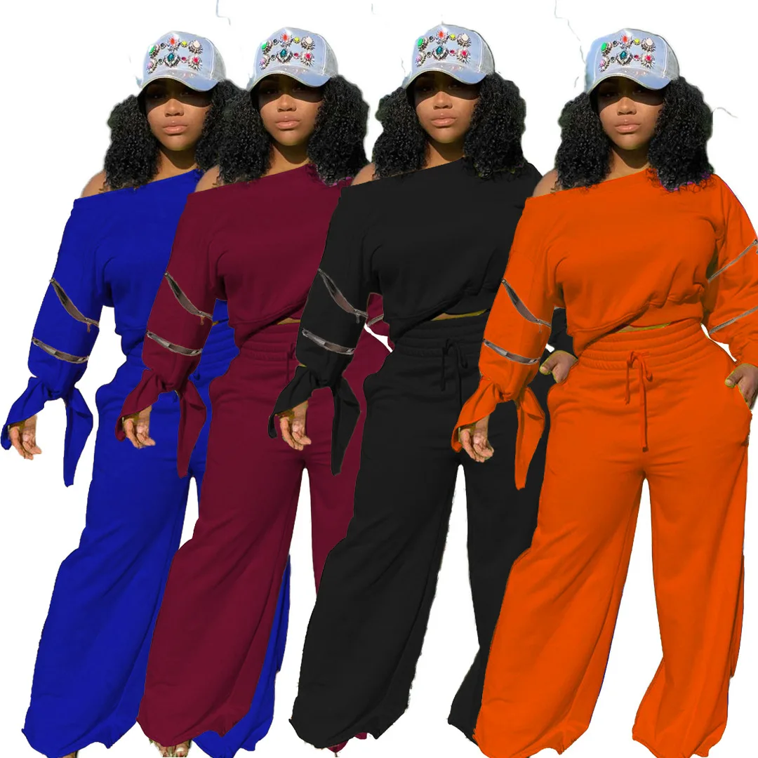 New Design Fall Women Zipper Long Sleeve Knotted One Off Shoulder Wide Leg Pants Lounge wear 2 Piece Set 2021