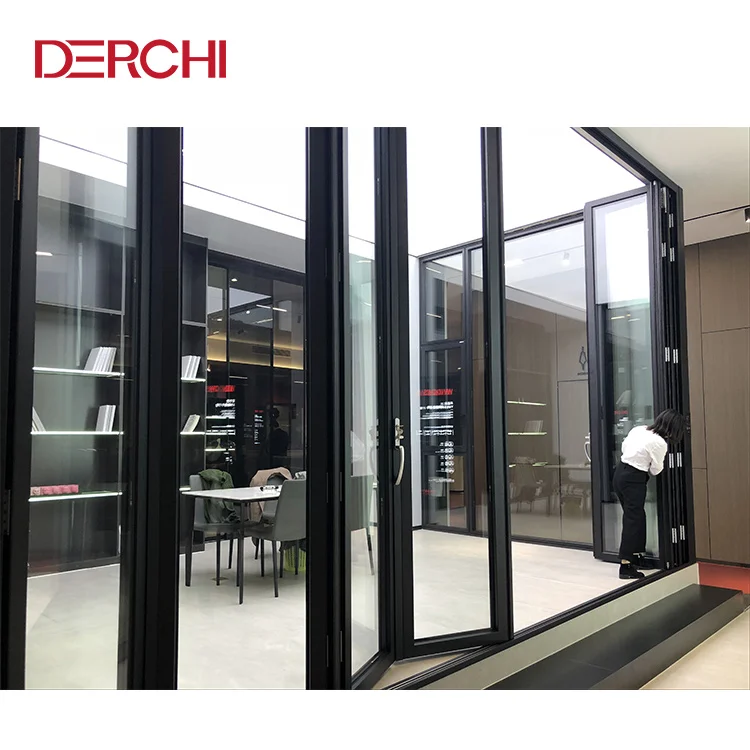 DERCHI NFRC Modern Design Aluminum Thermal Insulation Double Tempered Glazed Folding Door Triple Glass Bi-Folding Door