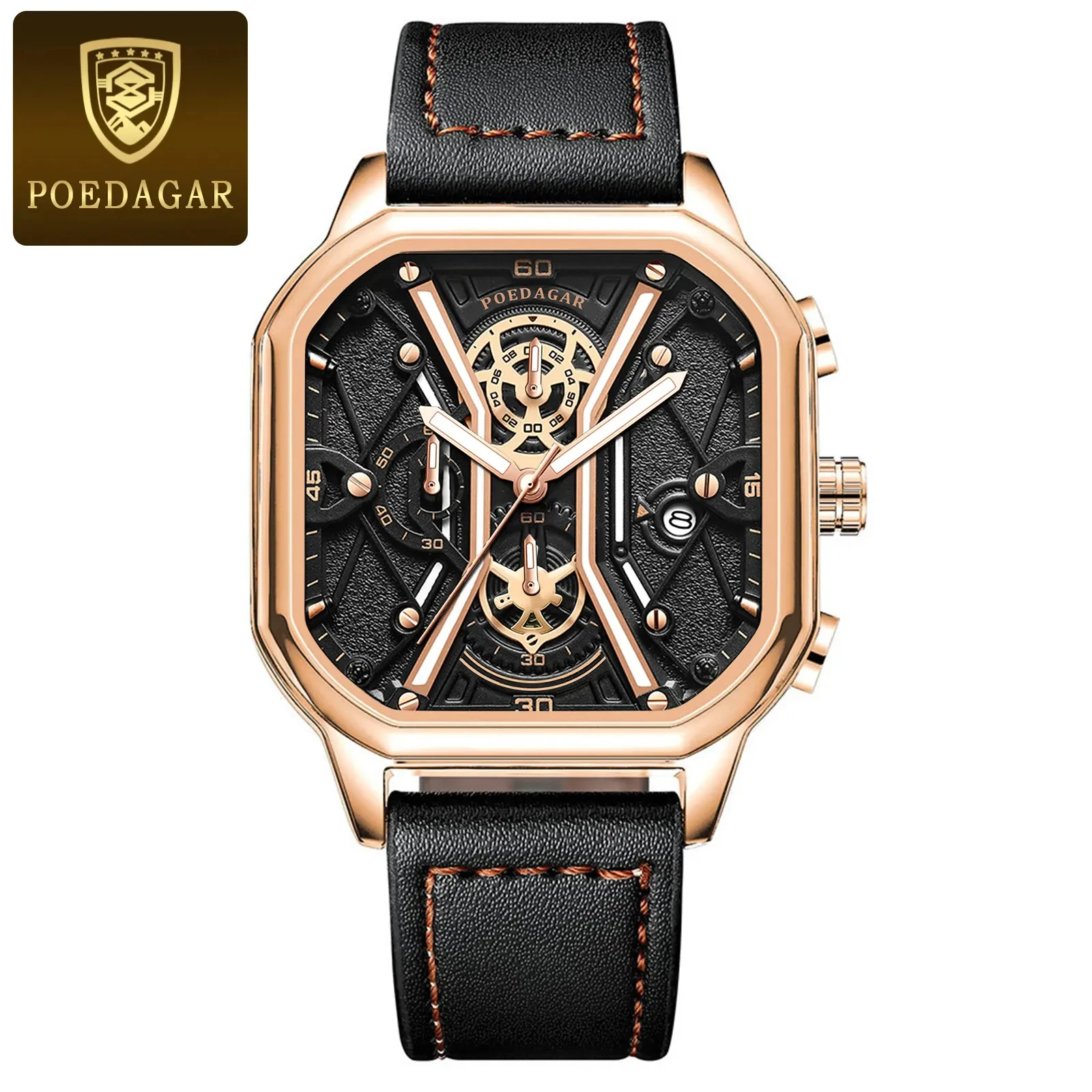 2023 New POEDAGAR 922 Luxury Watch Business Waterproof Male Clock Luminous Date Leather Strap Square Quartz Men Watch rel
