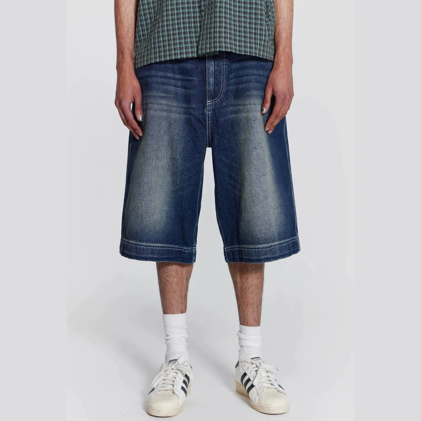 Applique Embroidery Patch None Stretch Baggy Denim Shorts Rise Oversized Jeans Shorts Acid Wash Distressing Denim Jorts for Men