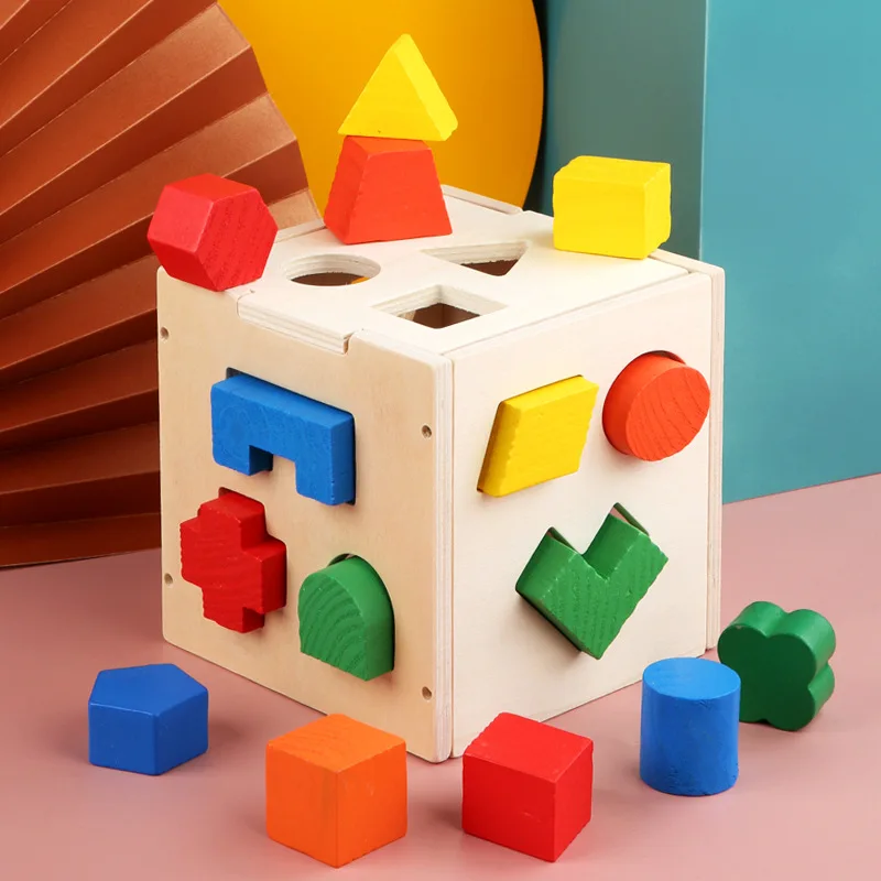 Early education toys wooden Infant geometric shape blocks 15 hole shape matching puzzle box