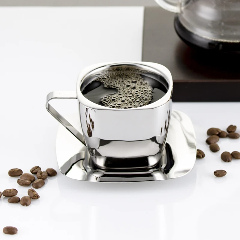Custom Logo Insulated Double Wall Stainless Steel Coffee Cup Set Espresso Coffee Metal Mugs with Tray
