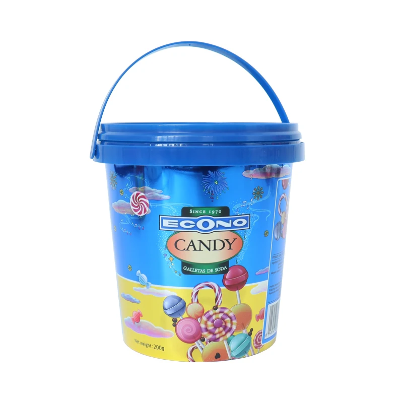Custom round Plastic Bucket with Lid and Handle Printed Logo in Color for Candy Food Packaging for Paint and Oil Usage