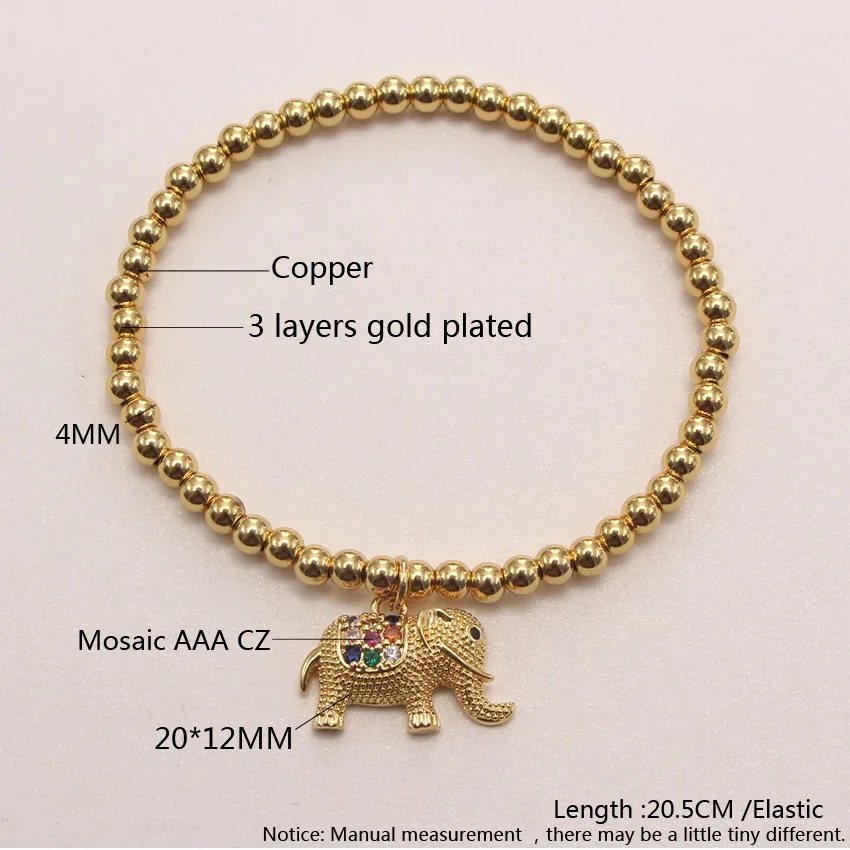 Cubic Zircon Leopard/Elephant/Bull/Lion Animal Charms Bracelet Brass Jewelry Round Beaded Bangle 18K Gold Plated Women Bracelet